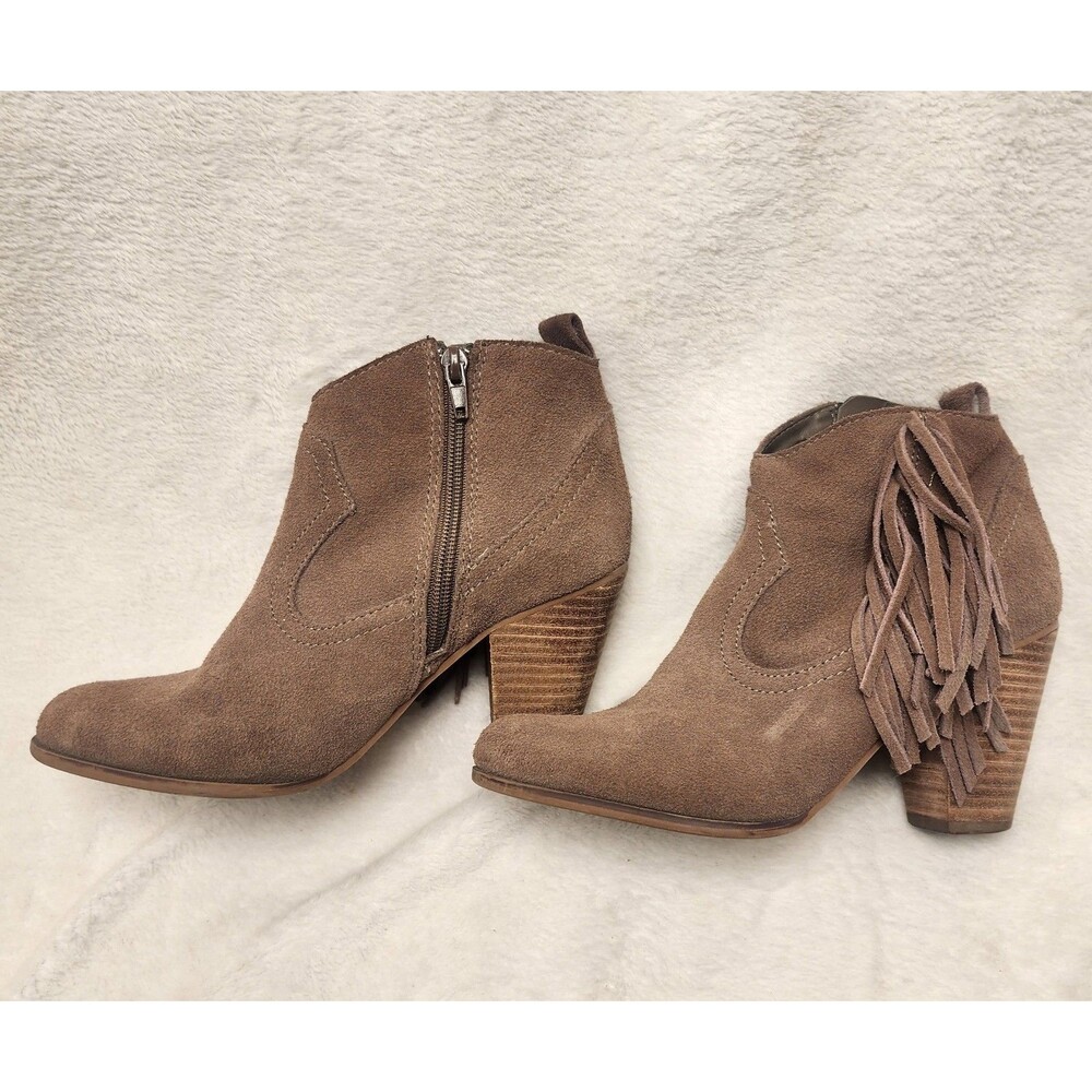 Steve Madden Cian Taupe Brown Ankle Boot Heel Suede Fringe Western Women 7
